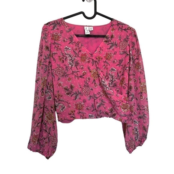 Joie Pink Floral Lined Chiffon Surplus V Neck Cropped Blouse Top Size Medium - Picture 1 of 8